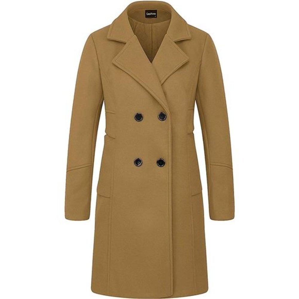 Women's Double Breasted Mid-Long Wool Blend Pea Coat, Khaki - Picture 2 of 3